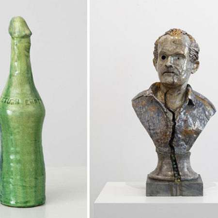 Robert Arneson, Twelve Ounce, 1967 and Self-Portrait of the Artist Losing his Marbles, 1965. Glazed Ceramic and Marbles