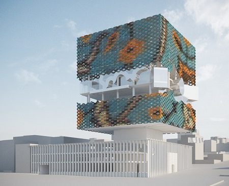 A ceramic cube would set this design for the Tehran Stock Exchange apart from the rest of its setting.